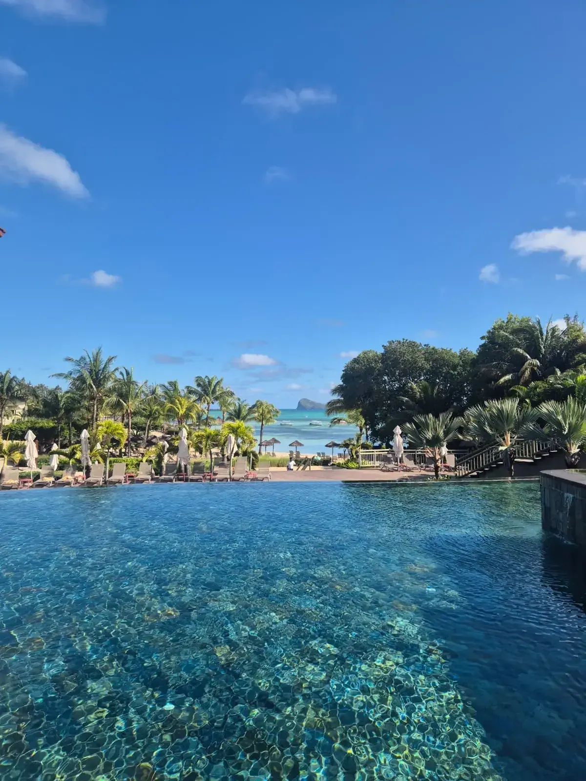 Infinity-Pool mit klarem türkisem Wasser, dahinter Palmen und das Meer