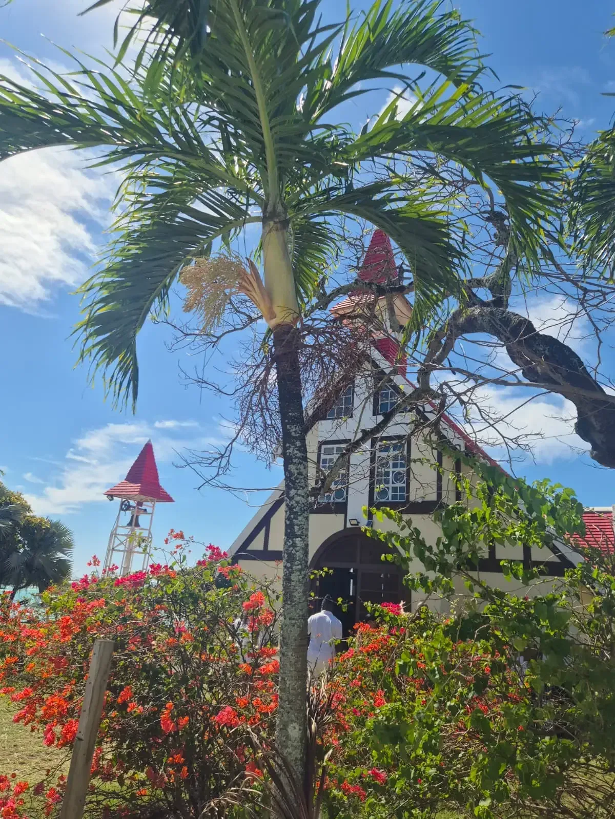 Kleine Kirche mit rotem Dach hinter einer Palme und rot blühenden Sträuchern